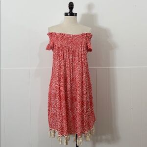 Boutique Tie Dye Off The Shoulder Tassel Hem Dress